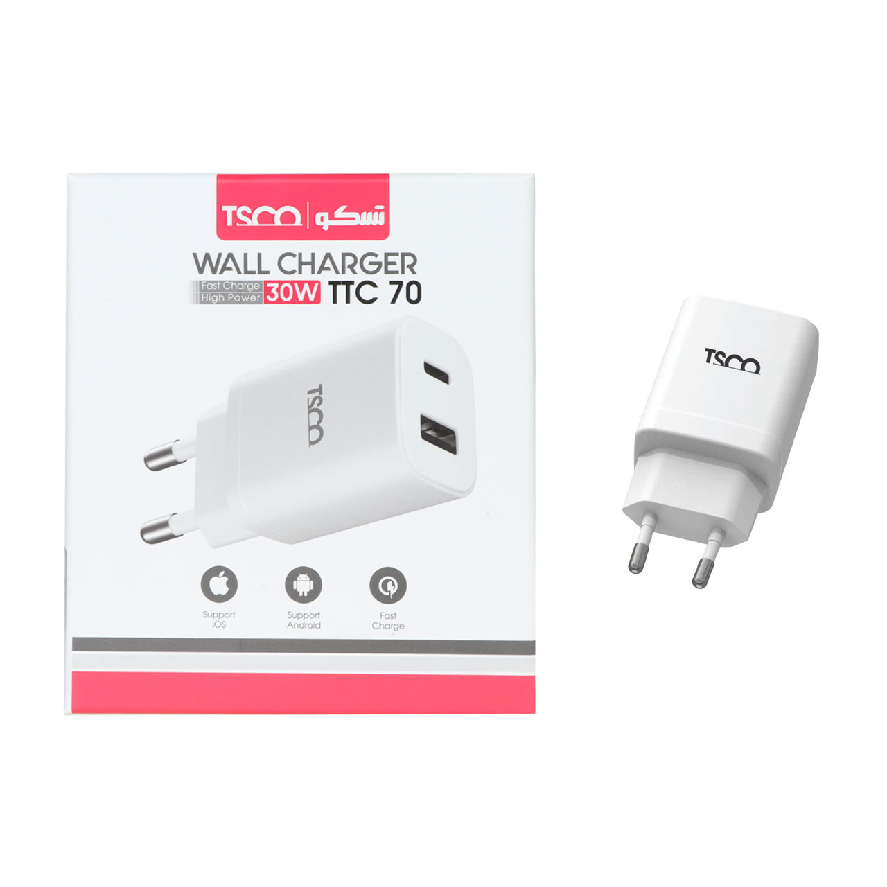 شارژر دیواری PD و فست دو پورت TSCO مدل TTC 70 - سفید