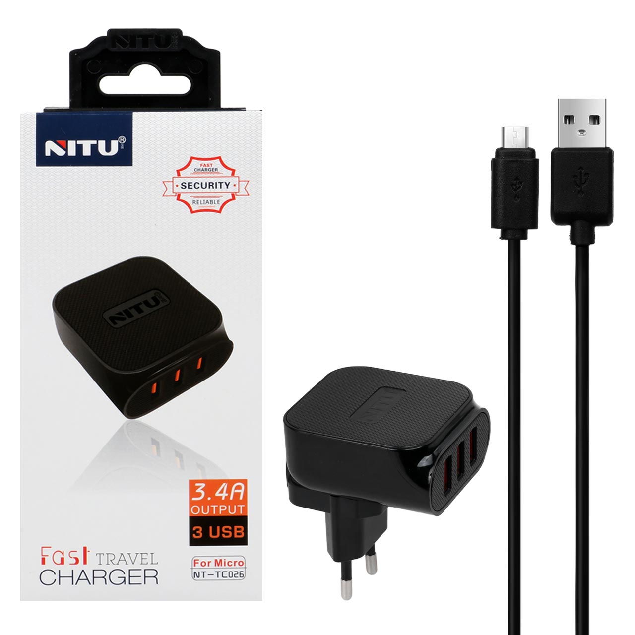 شارژر دیواری سه پورت NITU مدل TC026 به همراه کابل شارژ اندروید - مشکی (گارانتی 18 ماه تعویض نیکان همراه)
