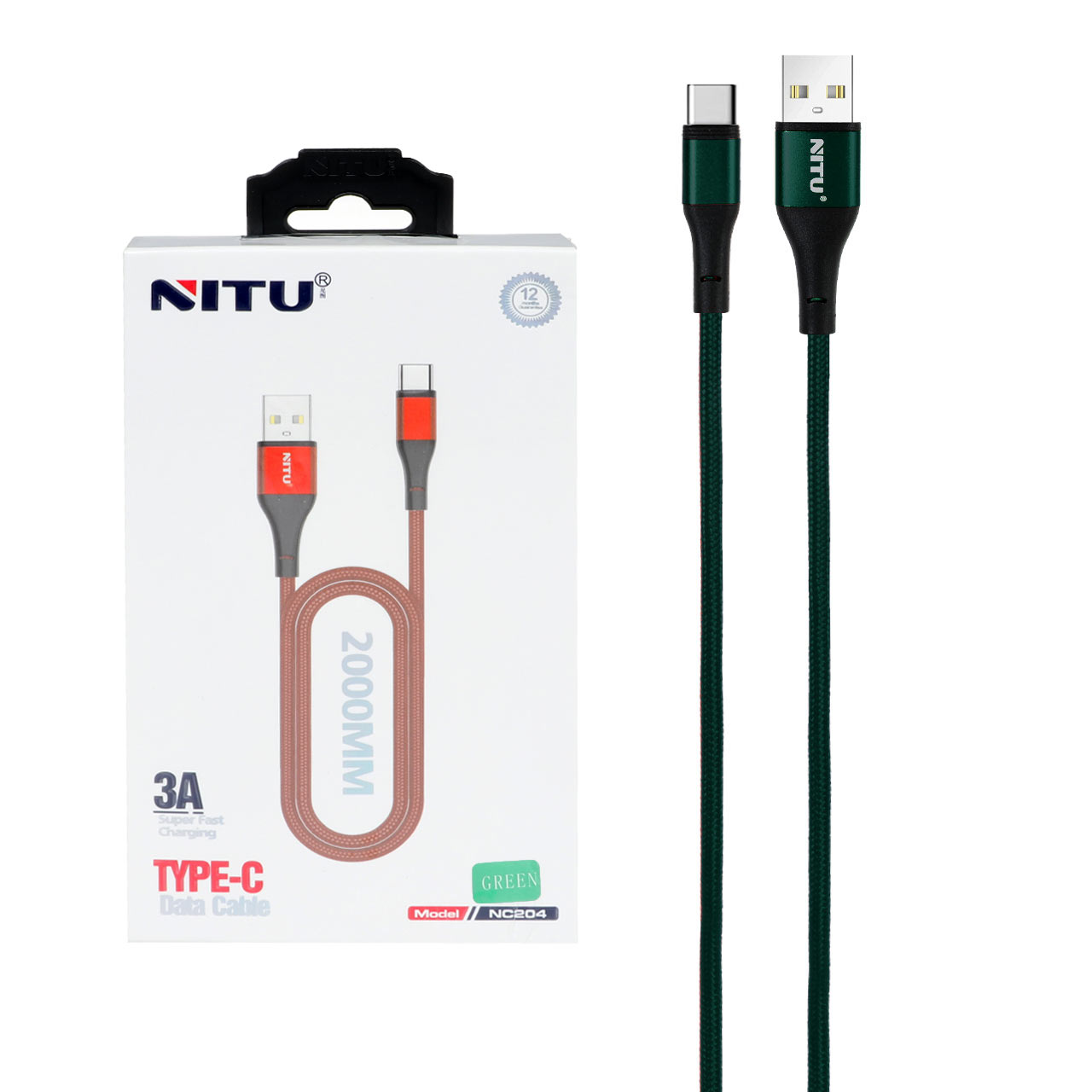 کابل شارژ فست 2 متری NITU Type-C مدل NC204 - سبز (گارانتی 18 ماه تعویض نیکان همراه)