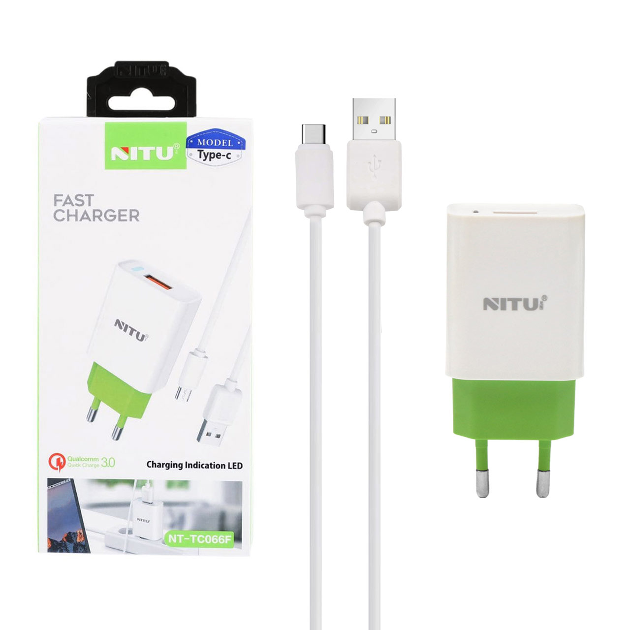 شارژر دیواری فست تک پورت NITU مدل NT-TC066F به همراه کابل شارژ Type-C - سفید سبز (گارانتی 18 ماه تعویض نیکان همراه)