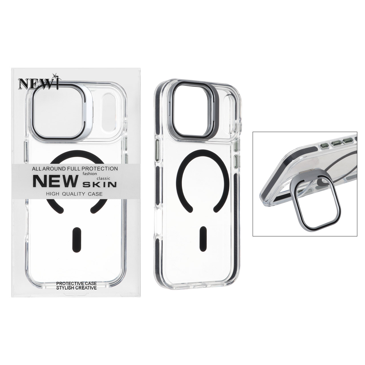 قاب اورجینال New Skin شفاف کریستالی MagSafe لنز استندشو Apple iPhone 17 - مشکی (پک دار)