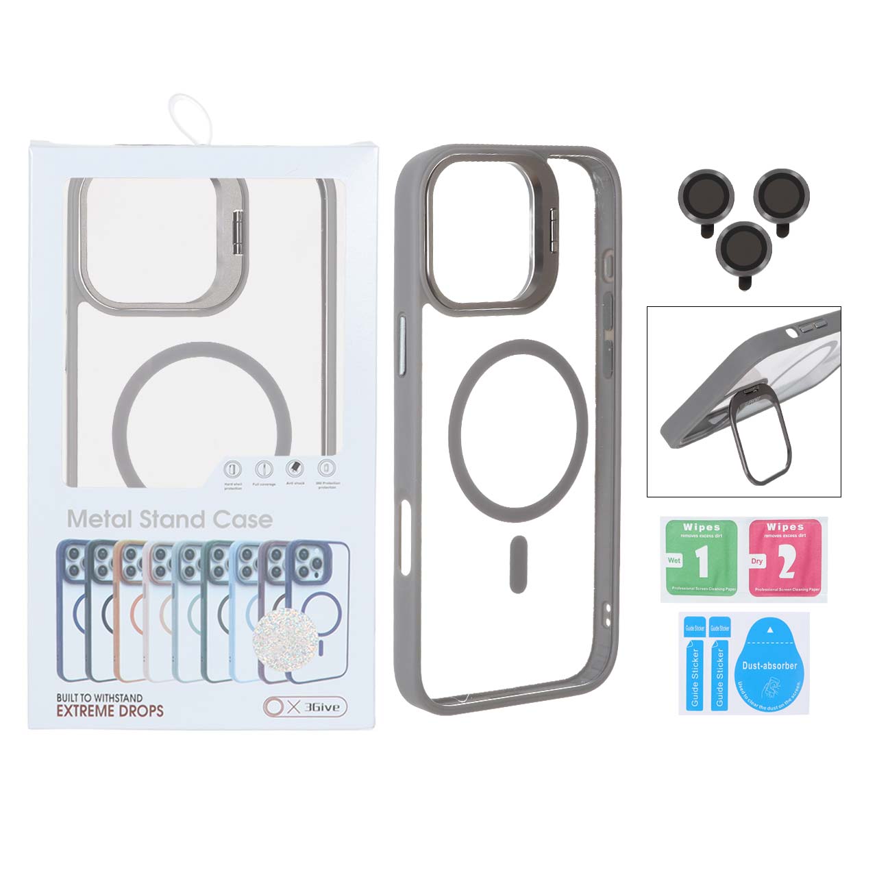 قاب Support لنز آلومینیومی Magsafe با ست محافظ لنز رینگی Apple iPhone 16 Pro Max - خاکستری (پک دار)