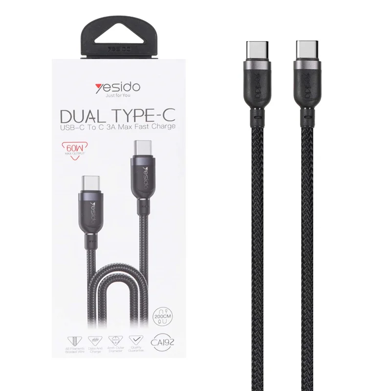 کابل شارژ فست 2 متری Yesido Type-C To Type-C مدل CA192 60W - مشکی