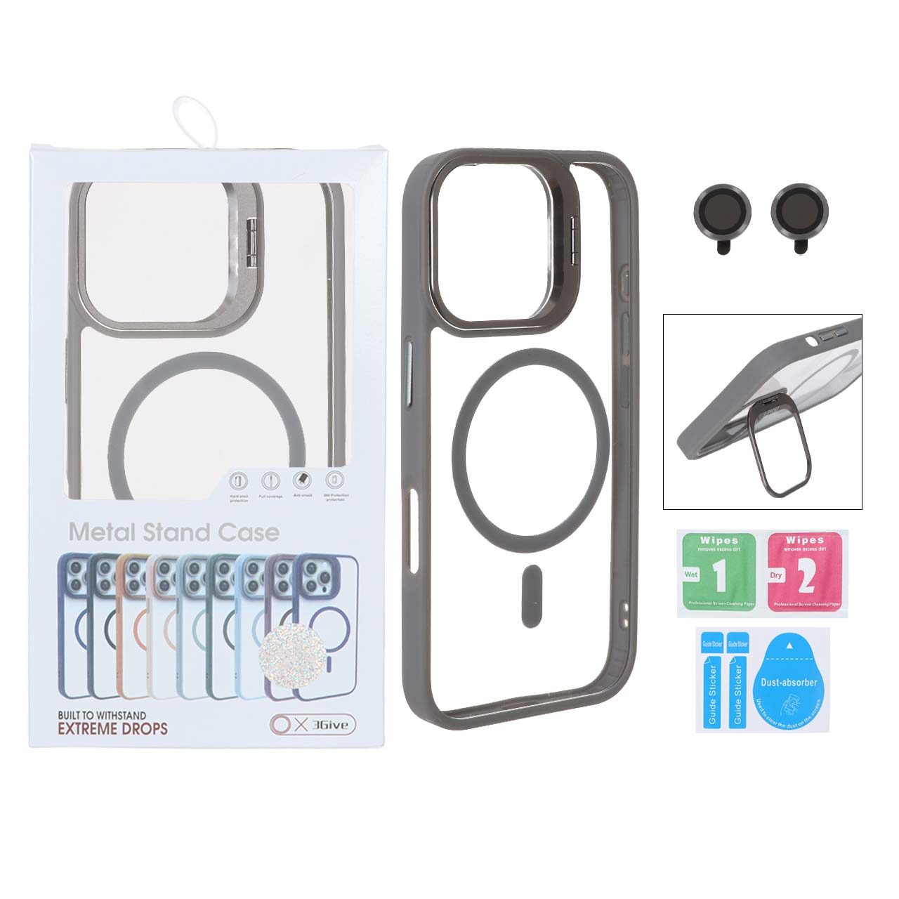 قاب Support لنز آلومینیومی Magsafe با ست محافظ لنز رینگی Apple iPhone 16 - خاکستری (پک دار)