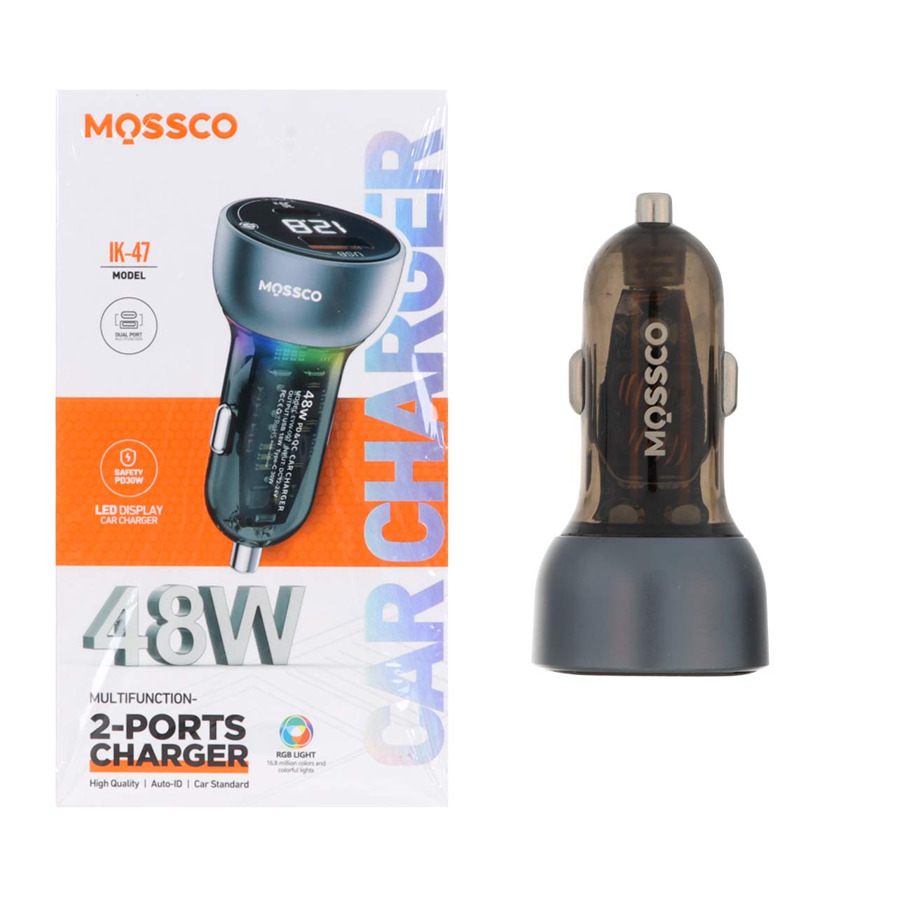 شارژر فندکی PD و فست دو پورت Mossco مدل IK47 48W - خاکستری (به همراه نشانگر دیجیتال)