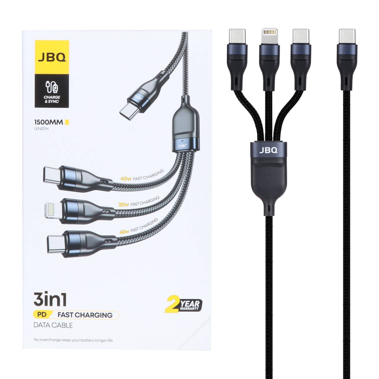 کابل شارژ 1.5 متری فست و PD سه کاره JBQ مدل CA-537 - مشکی (گارانتی یکساله رصاصی)