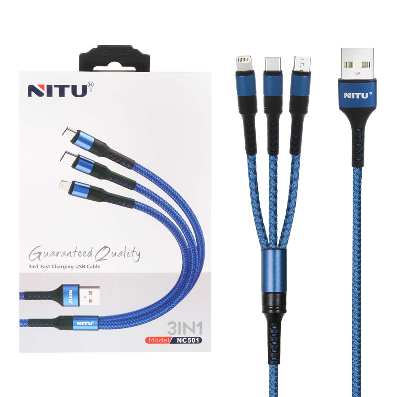 کابل شارژ فست 1.2 متری سه کاره Nitu مدل NC501 - آبی