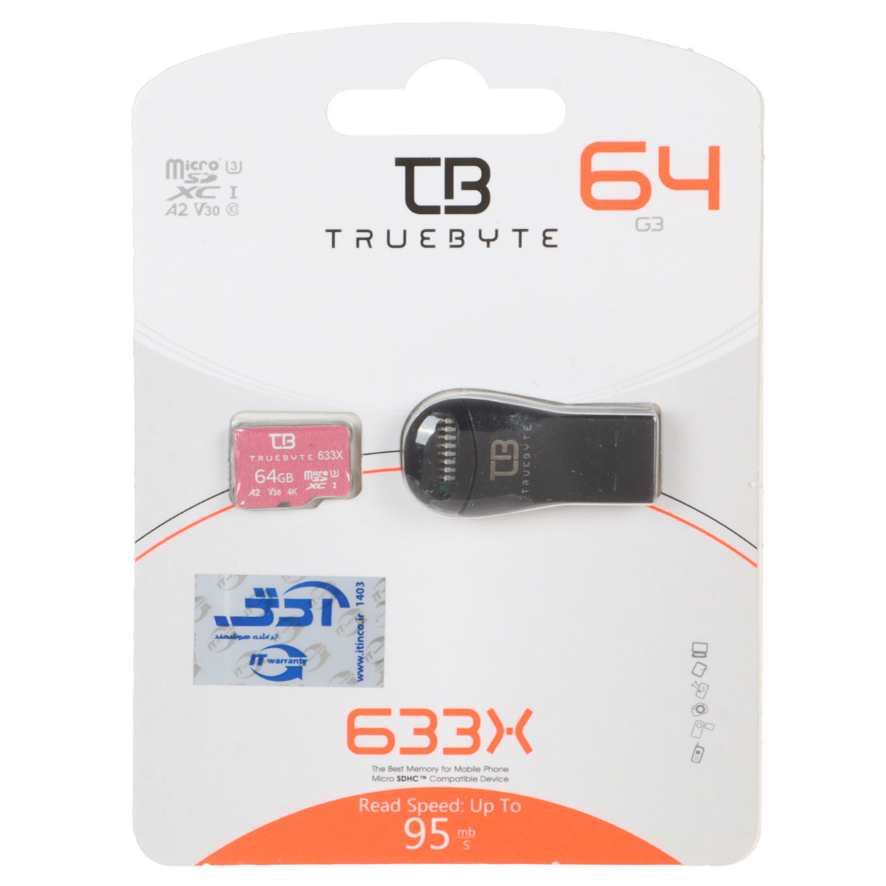 (گارانتی مادام‌العمر شرکت آی تین) TRUEBYTE microSDXC & Card Reader U3 Class 10 633X -95MB/s - 64GB