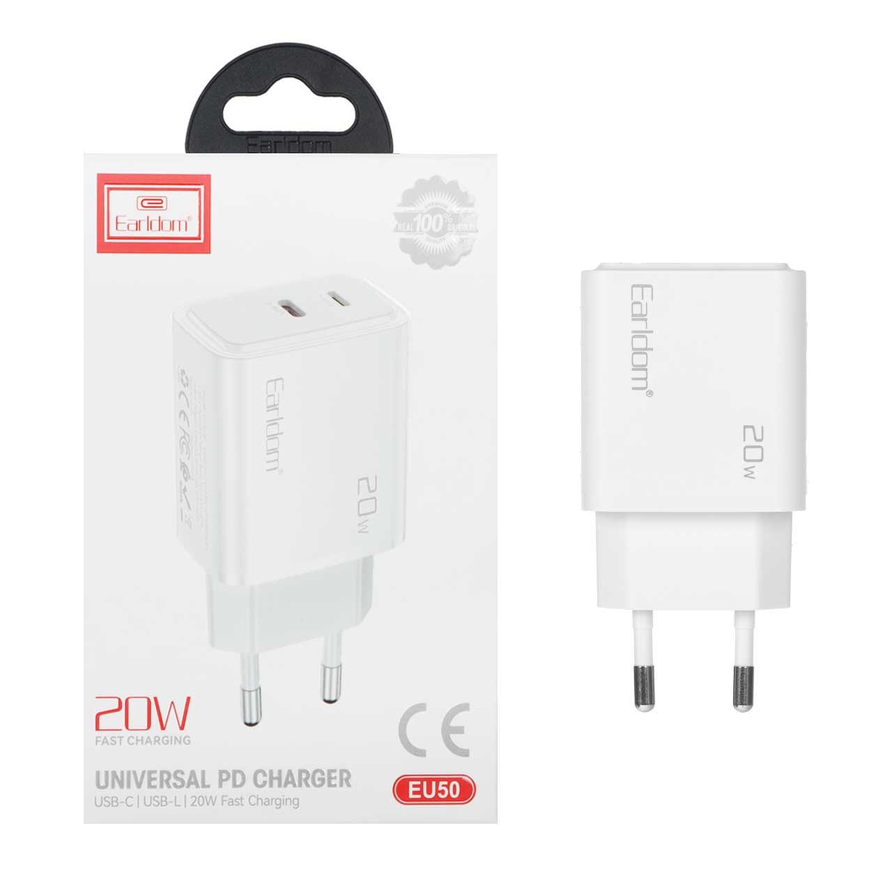 شارژر دیواری فست و PD دو پورت Earldom مدل EU50 20W - سفید