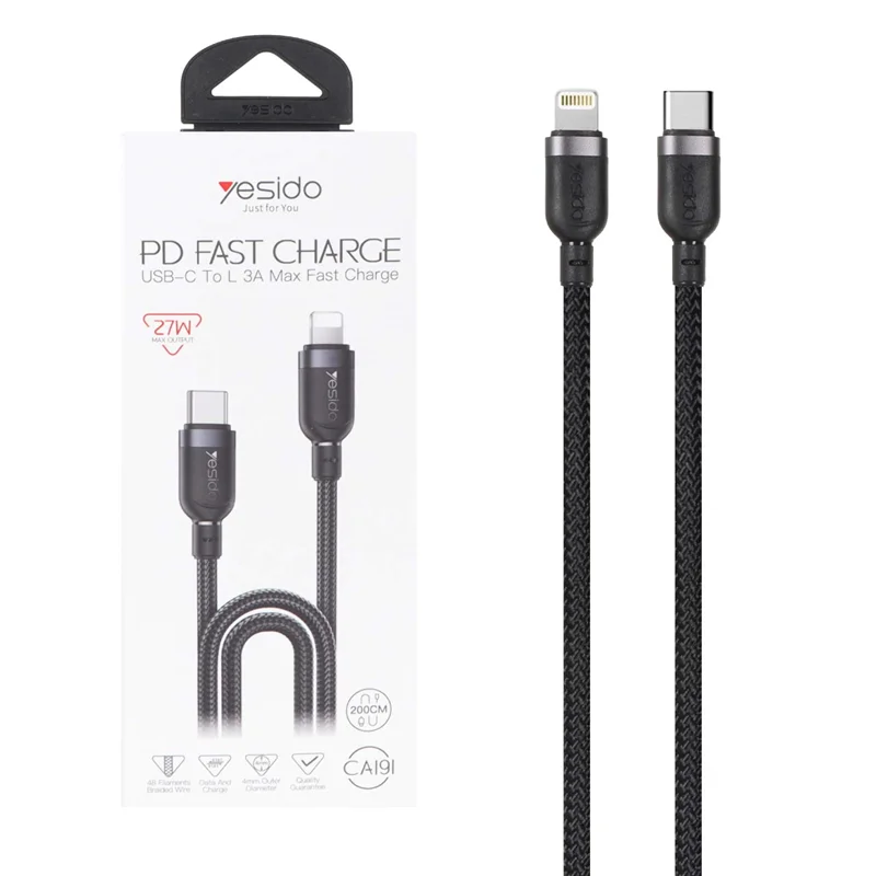 کابل شارژ فست 2 متری Yesido Type-C To Lightning مدل CA191 27W - مشکی