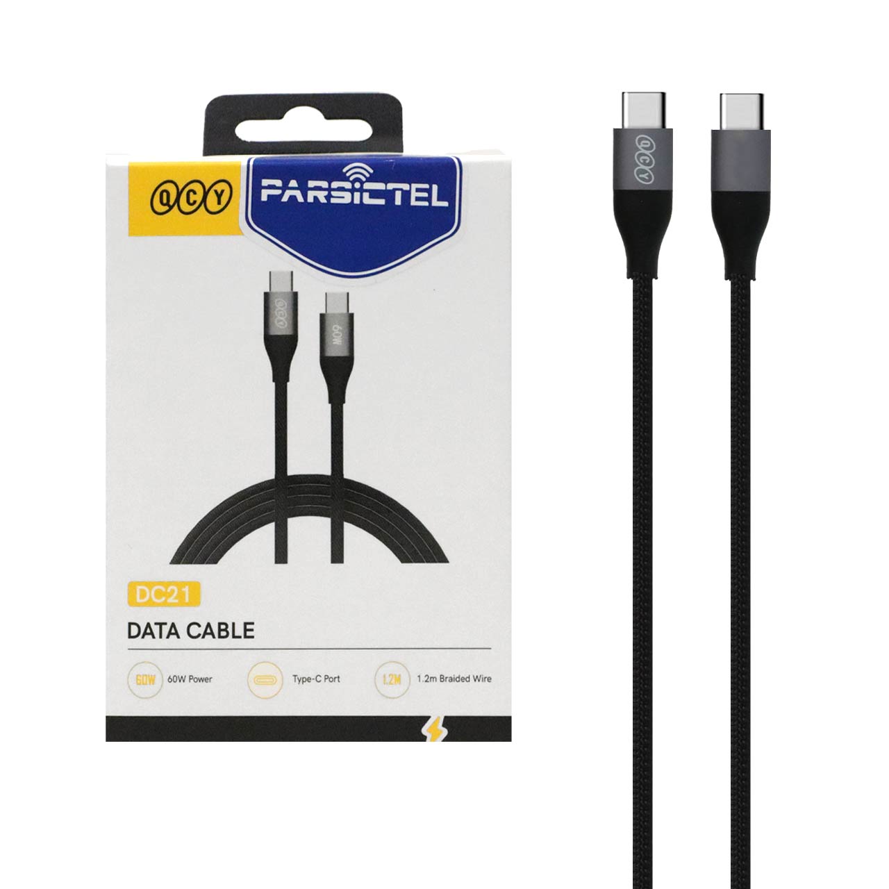 کابل شارژ 1.2 متری فست QCY Type-C To Type-C مدل DC21 60W - مشکی (گارانتی 18 ماهه شرکتی)
