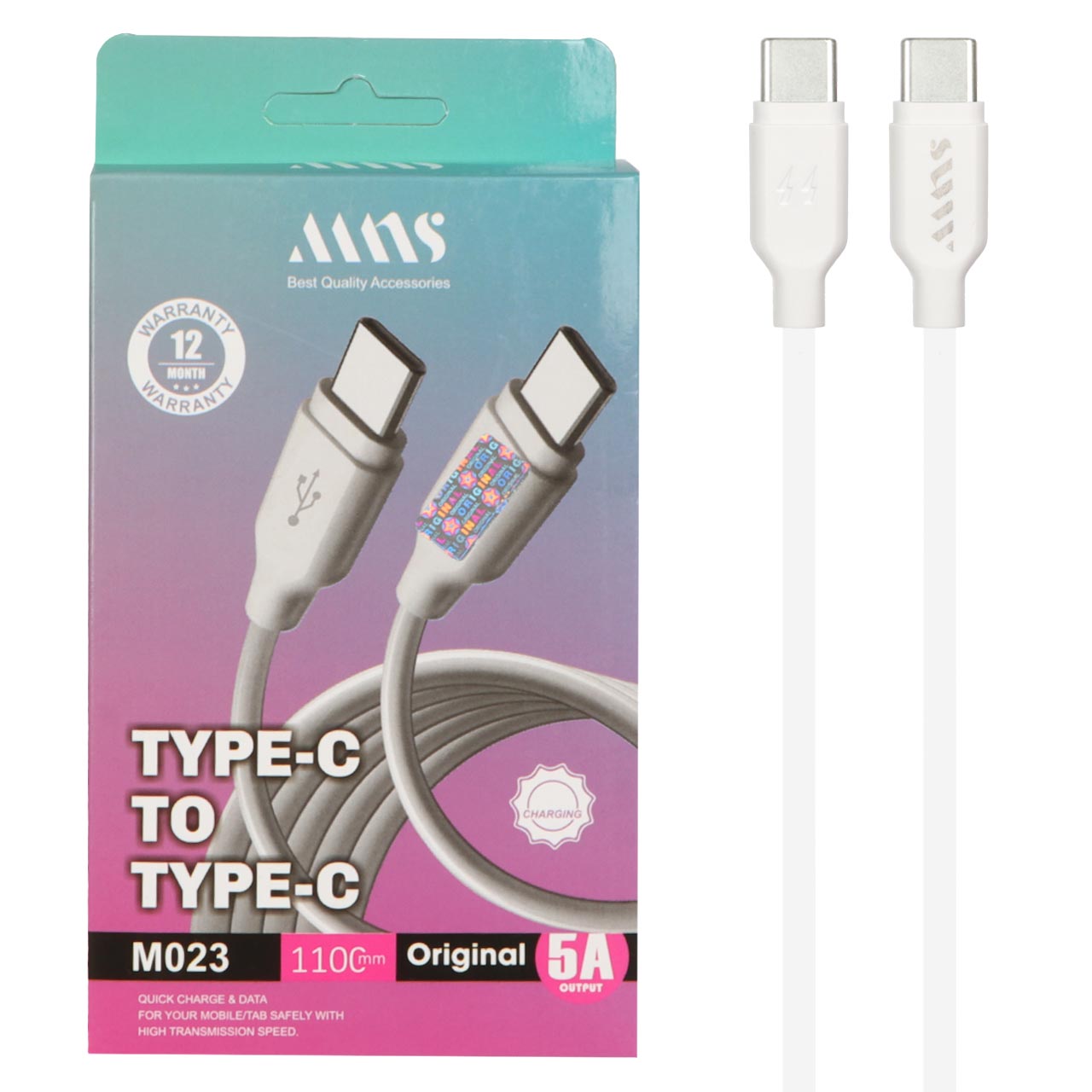 کابل شارژ فست 1.1 متری MNS Type-C To Type-C مدل M023 - سفید - SMO