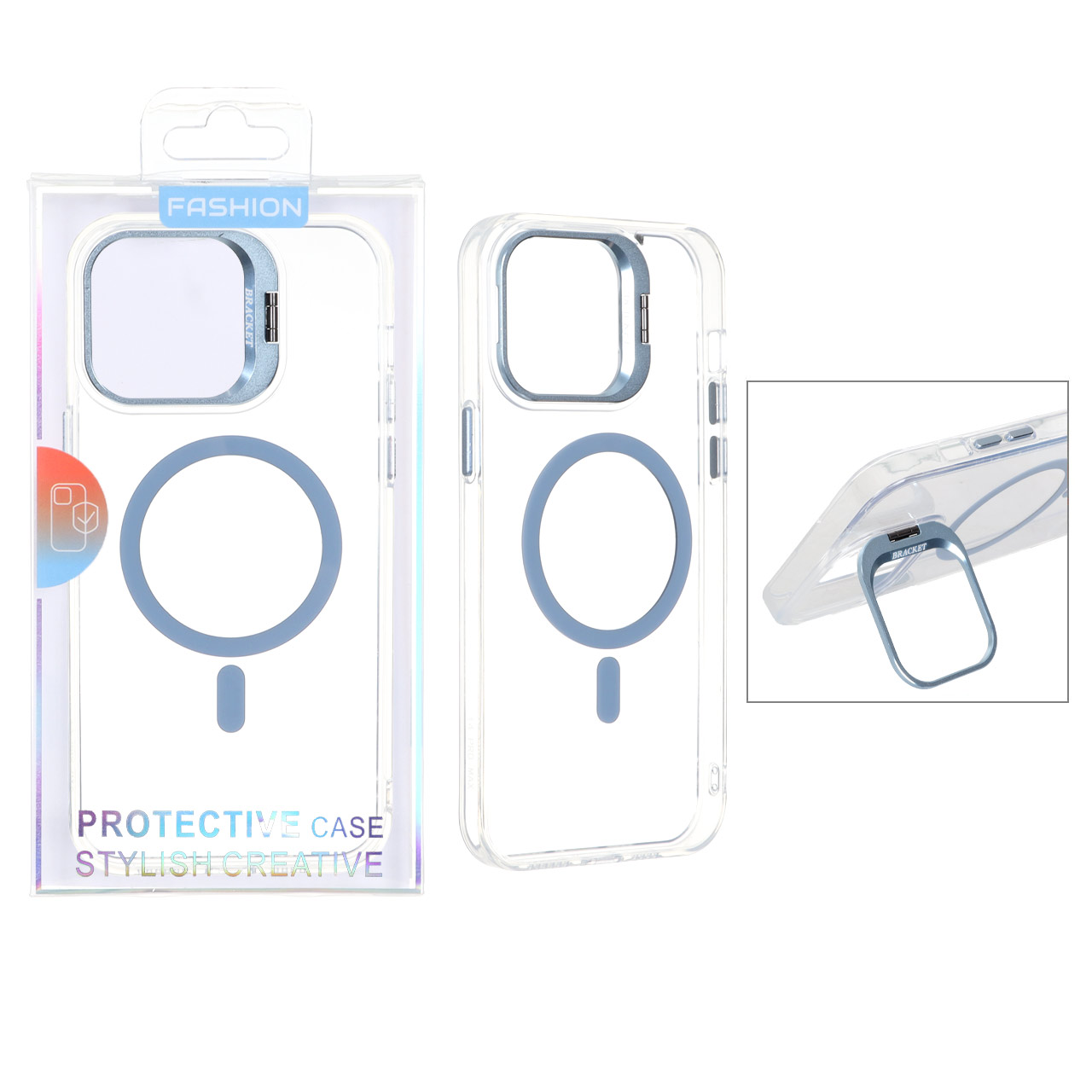 قاب اورجینال Bracket کریستالی MagSafe لنز استندشو Apple iPhone 15 Pro Max - آبی روشن (پک دار)