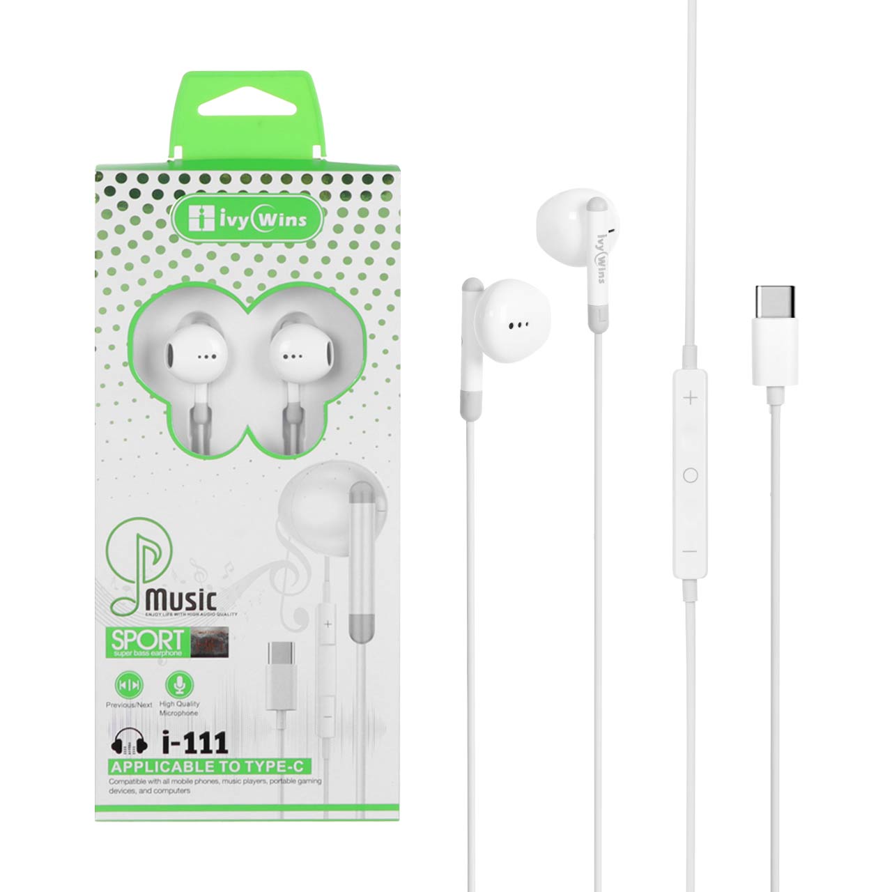 هندزفری باسیم با پورت ivy Wins Type-C مدل i-111 - سفید