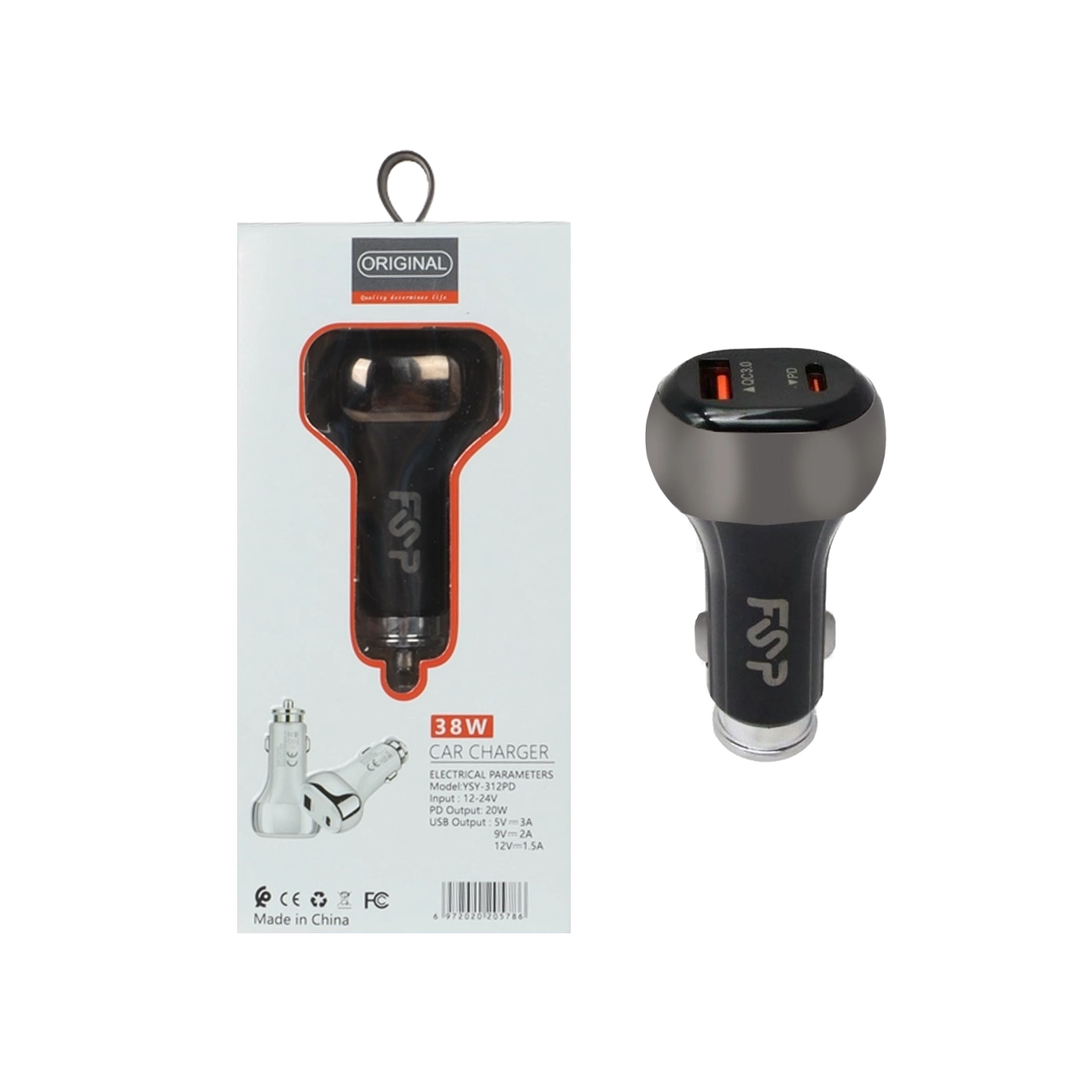 شارژر فندکی فست و PD دو پورت FSP مدل YSY-312PD 38W - مشکی BSA