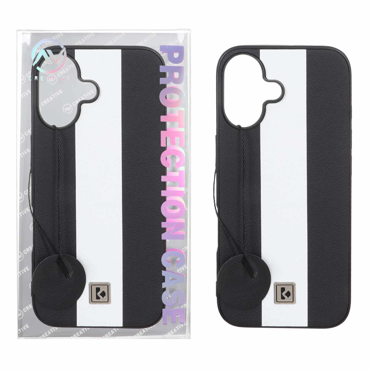 قاب Protection Case طرح چرم لوگو فلزی Apple iPhone 16 - مشکی سفید (پک دار)