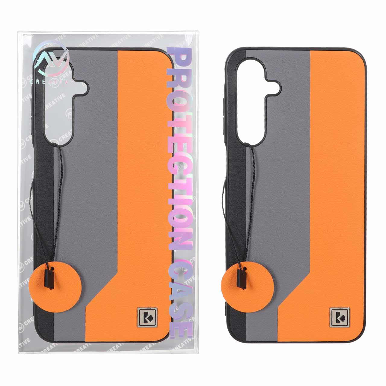 قاب Protection Case طرح چرم لوگو فلزی Samsung Galaxy A16 - خاکستری نارنجی (پک دار)