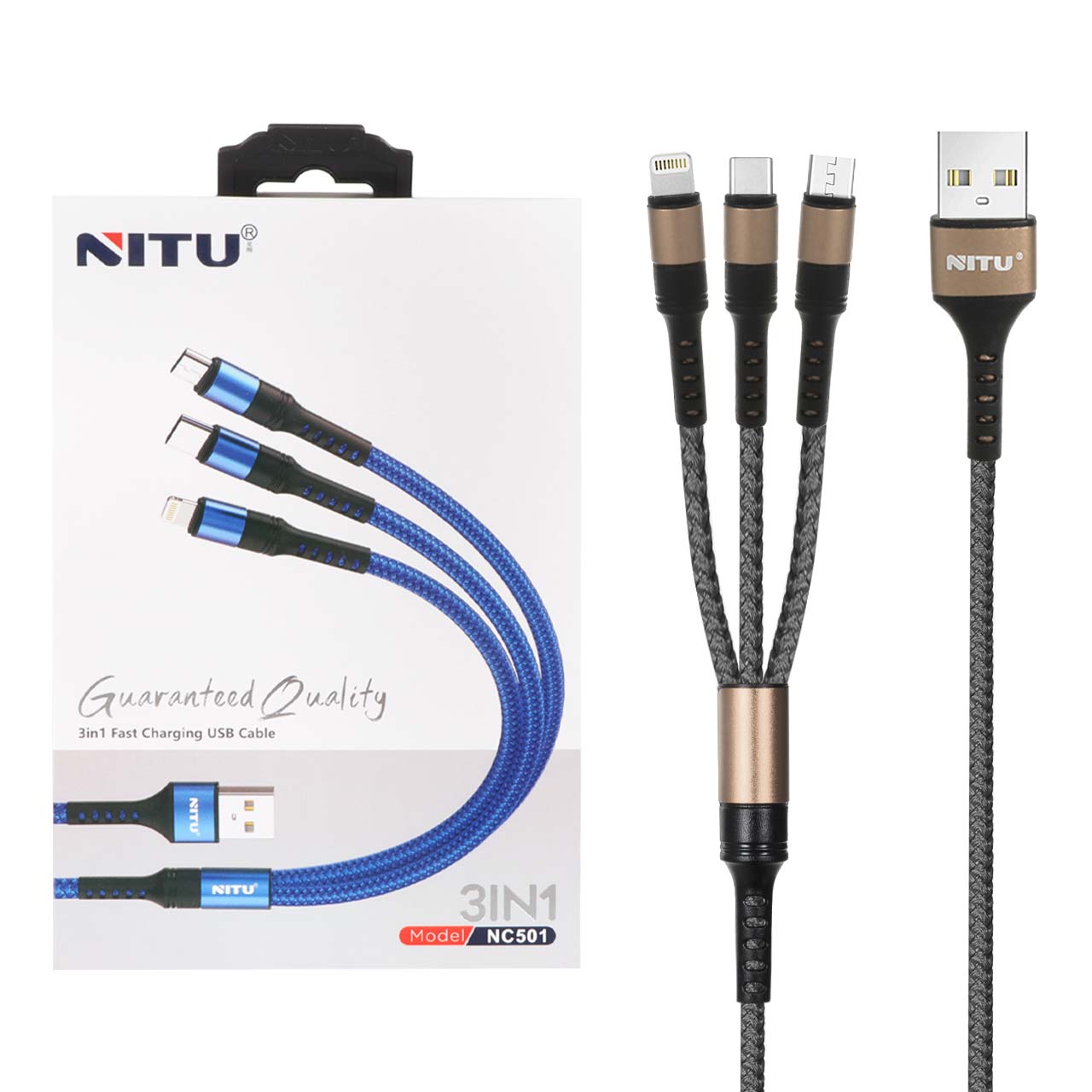 کابل شارژ فست 1.2 متری سه کاره Nitu مدل NC501 - بژ