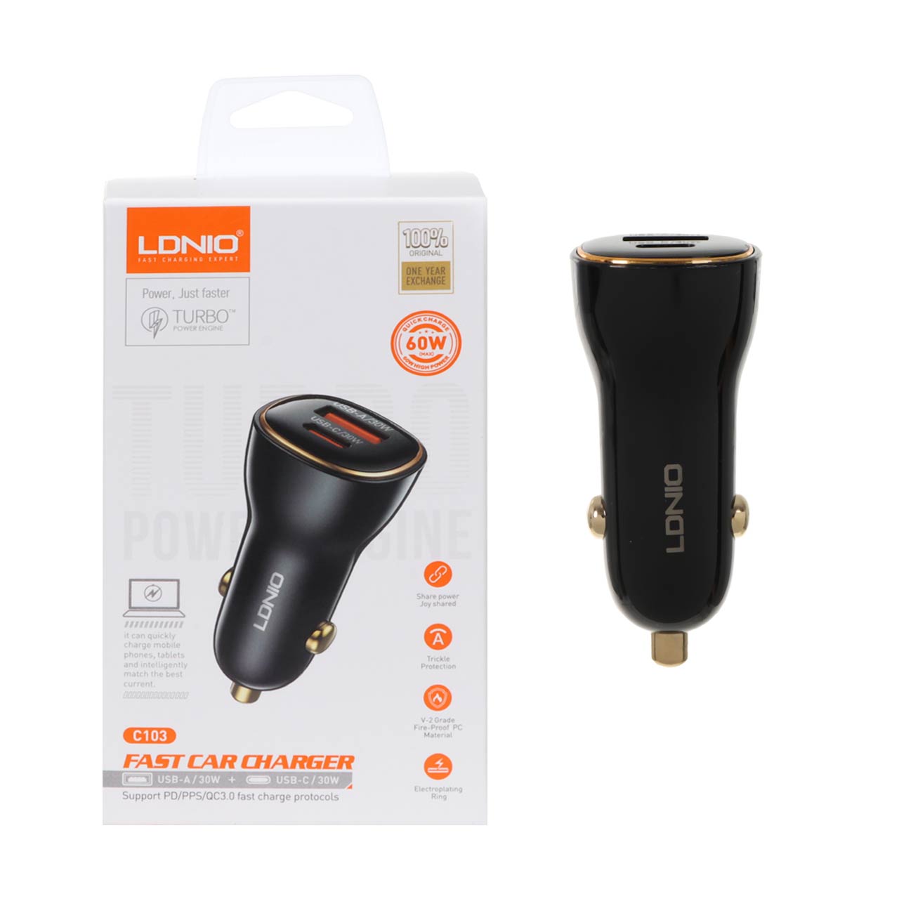 شارژر فندکی فست و PD دو پورت LDNIO مدل C103 60W به همراه کابل شارژ  Type-C TO Type-C - مشکی