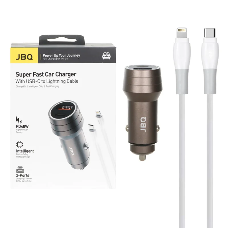 شارژر فندکی PD و فست دو پورت JBQ مدل C458534 48W به همراه کابل شارژ Type-C To Lightning - قهوه ای (گارانتی یکساله رصاصی)