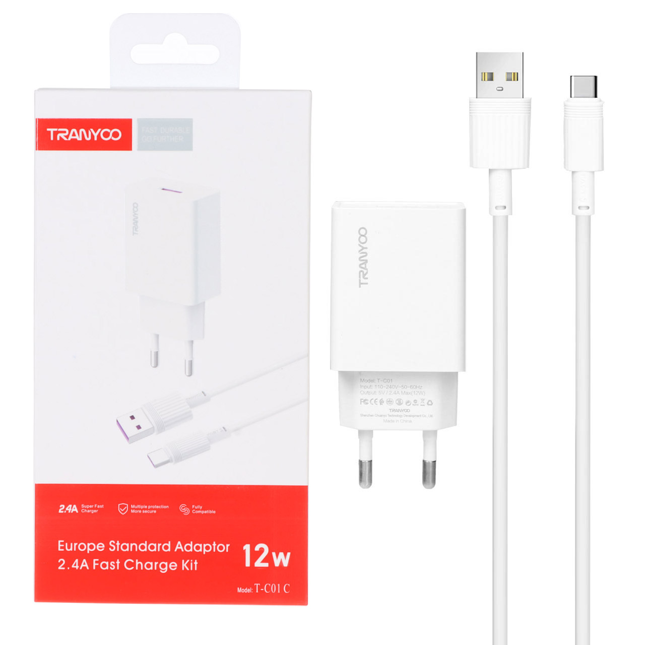 شارژر دیواری 12W فست تک پورت TRANYOO مدل T-C01 به همراه کابل شارژ Type-C - سفید