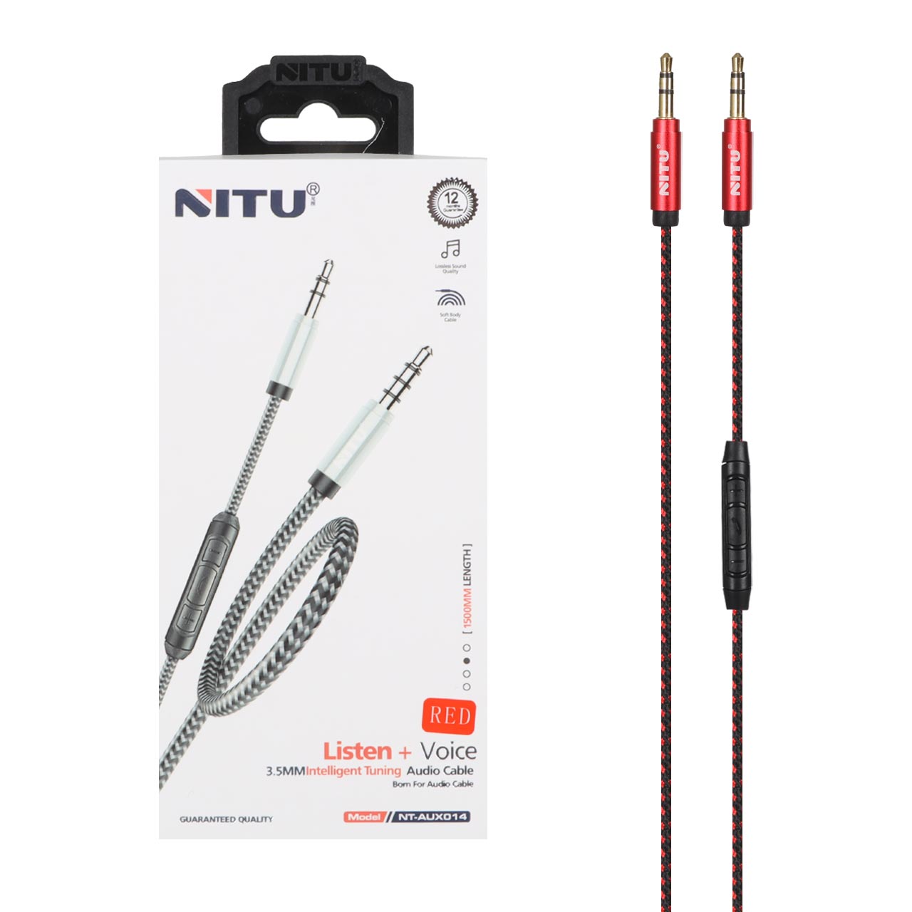 کابل صدا 1.5 متری کنفی Nitu Aux  دارای کلیدهای کنترلی روی کابل مدل NT-AUX014 - قرمز (گارانتی 18 ماه تعویض نیکان همراه)