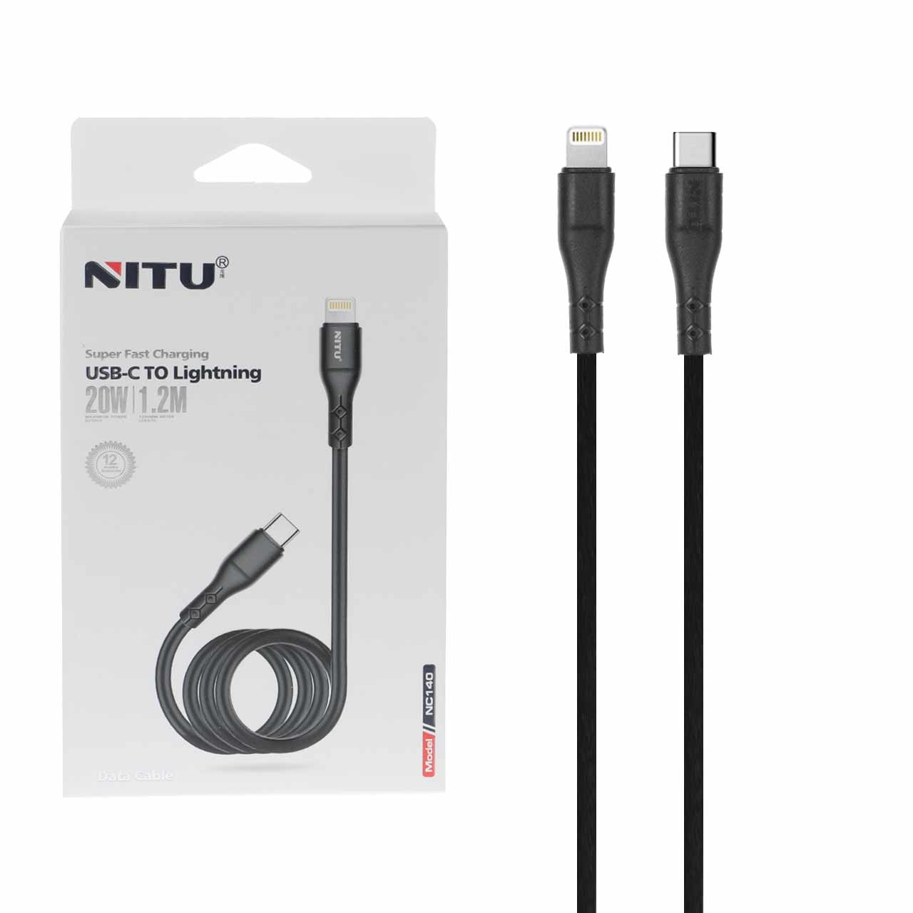 کابل شارژ فست 1.2 متری NITU Type-C to Lightning مدل NC140 - مشکی (گارانتی 18 ماه تعویض نیکان همراه)