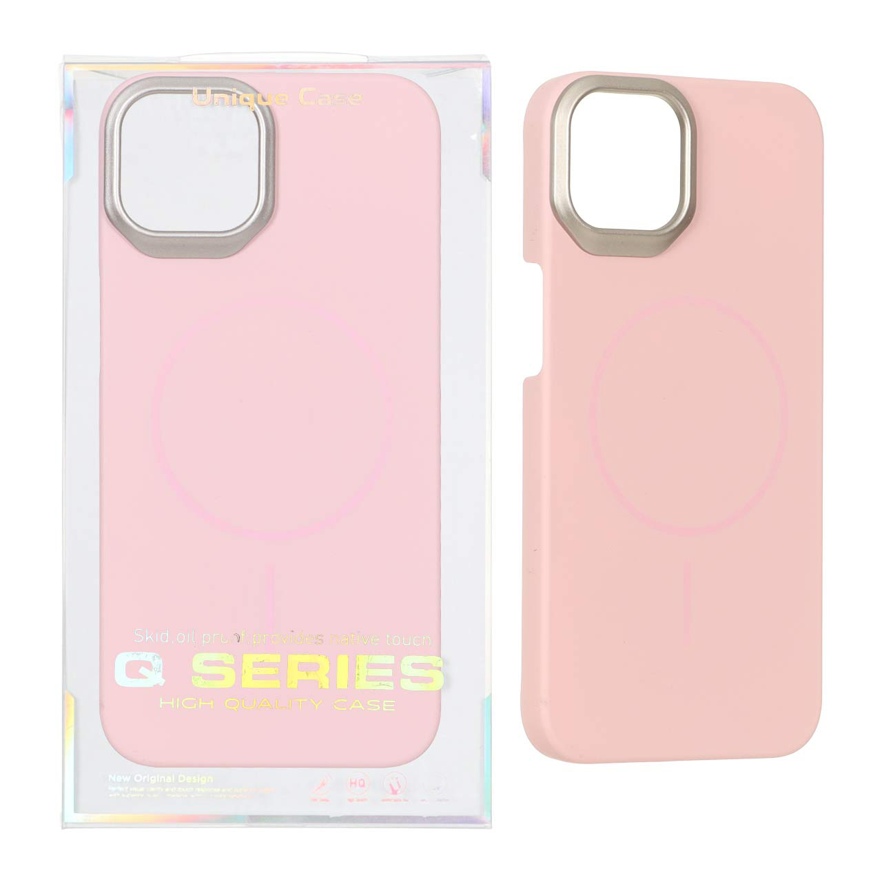 قاب اورجینال Q Series پشت سخت MagSafe دور لنز برجسته Apple iPhone 15 / iPhone 14 / iPhone 13 - صورتی (پک دار)