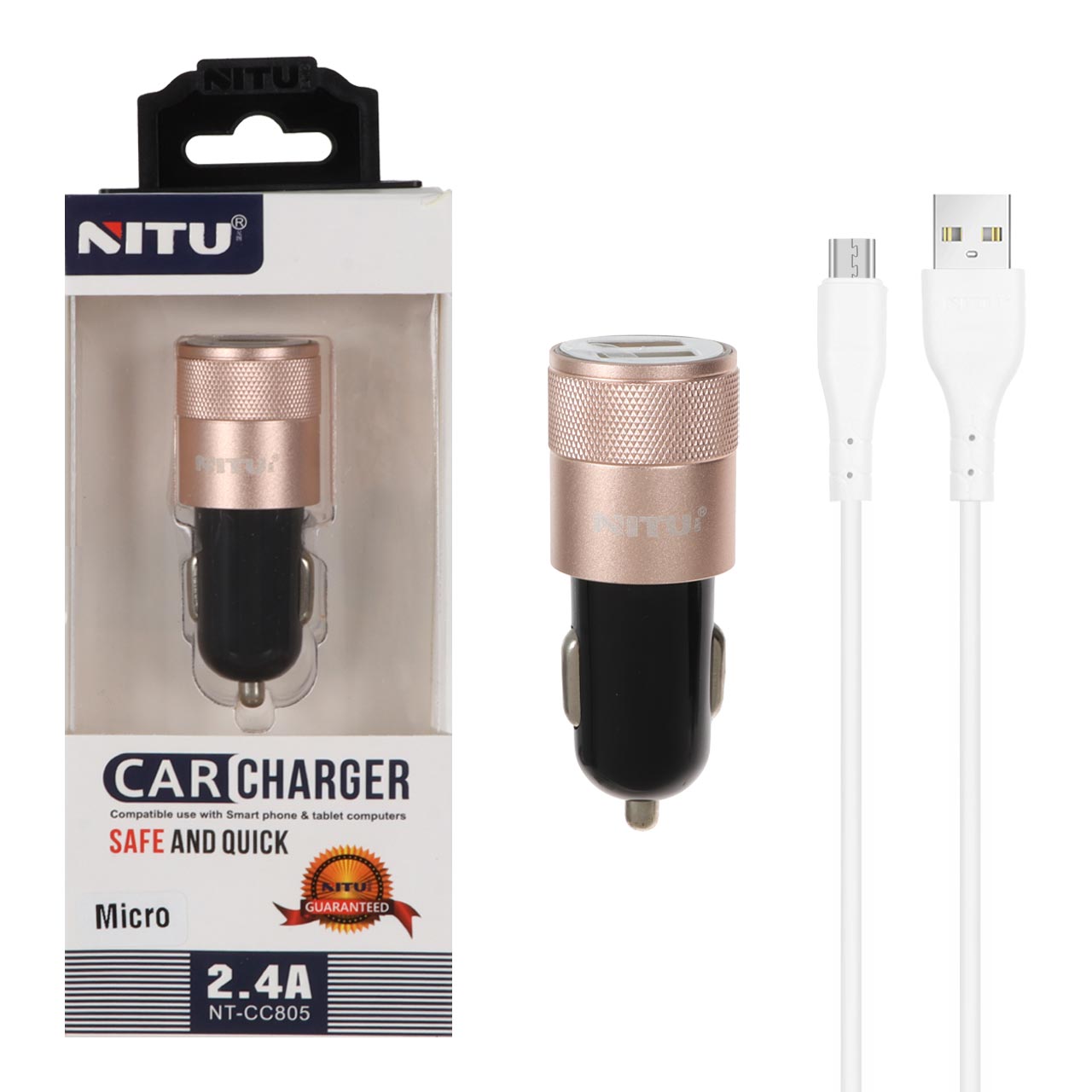 شارژر فندکی فست دو پورت NITU مدل CC805 به همراه کابل شارژ اندروید - مشکی طلایی (گارانتی 18 ماه تعویض نیکان همراه)