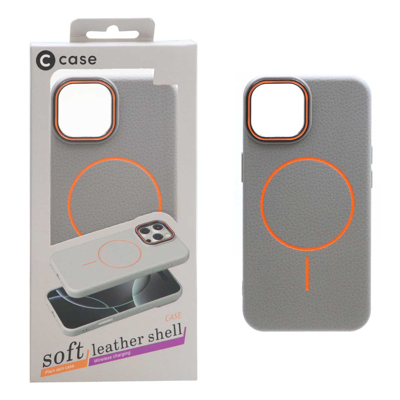 قاب اورجینال C Case طرح چرم MagSafe مدل Apple iPhone 13 / iPhone 14 - خاکستری (پک دار)