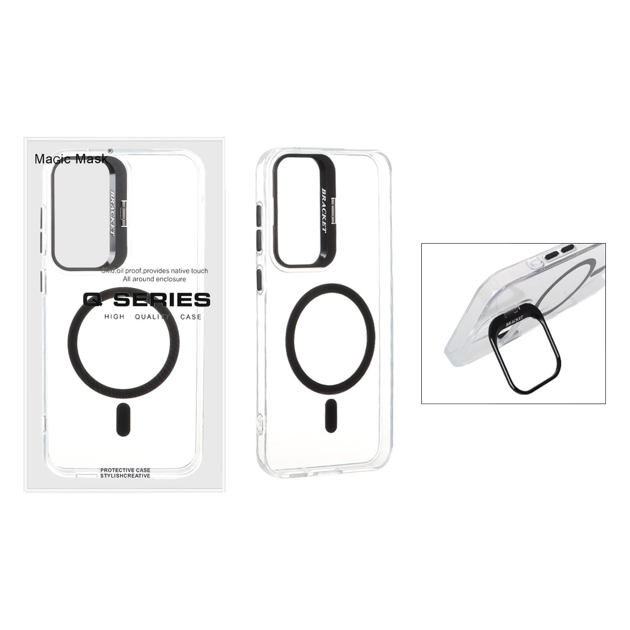 قاب اورجینال Q Series Bracket کریستالی Magsafe لنز استندشو Samsung Galaxy S23 FE - مشکی (پک دار)