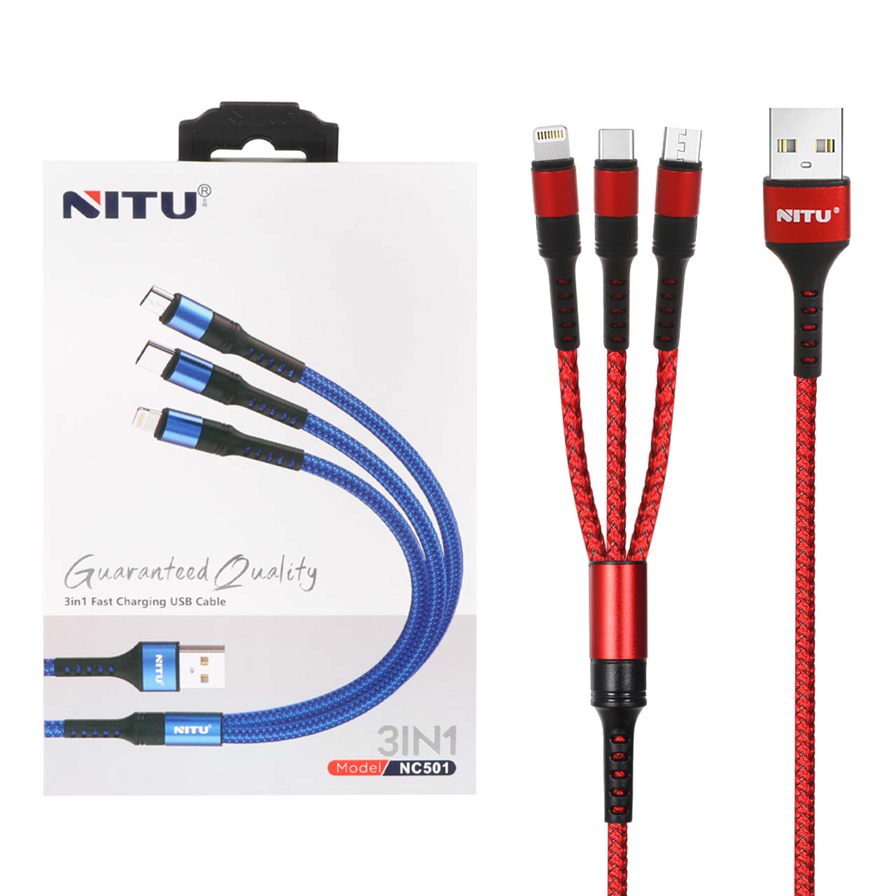 کابل شارژ فست 1.2 متری سه کاره Nitu مدل NC501 - قرمز