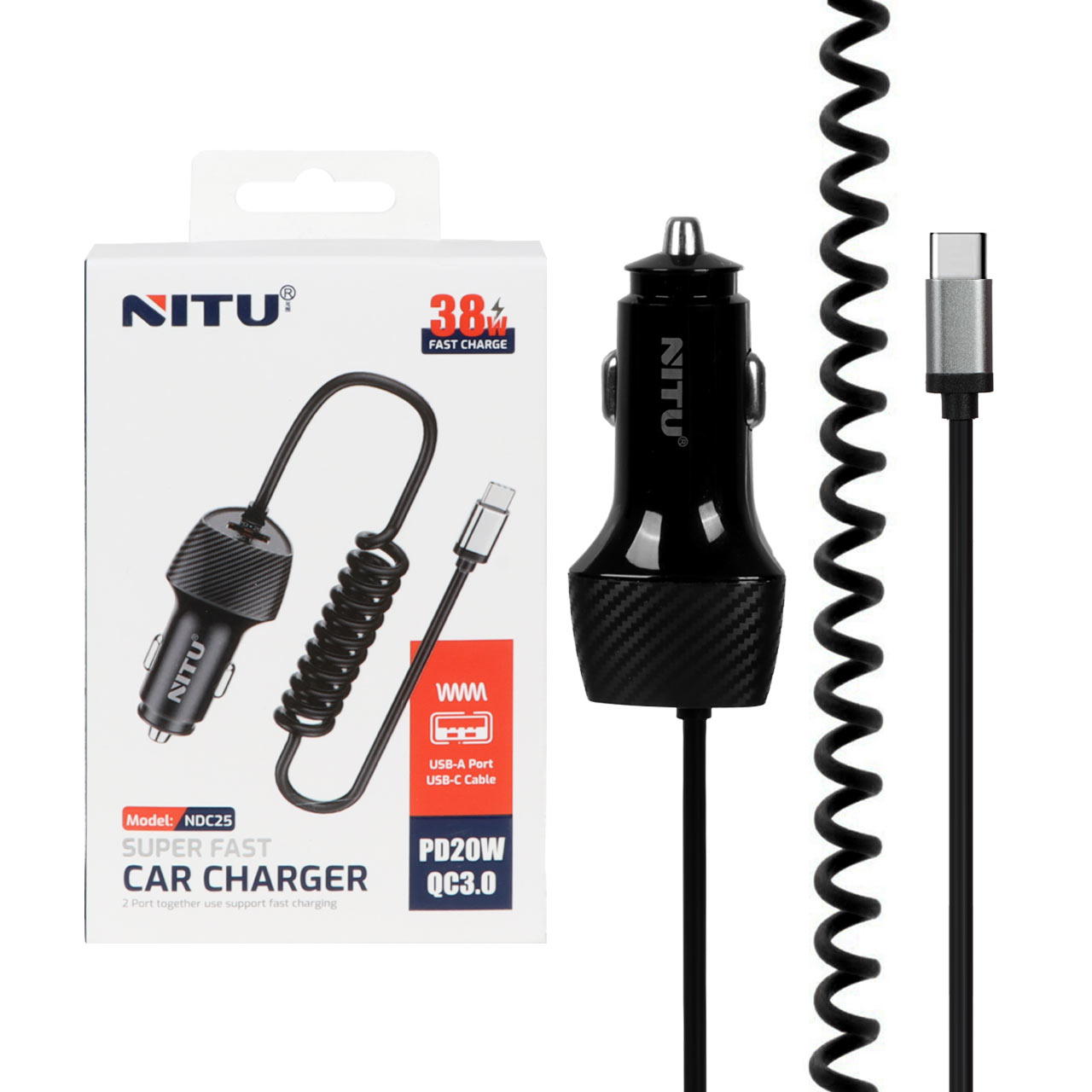 شارژر فندکی فست و PD تک پورت NITU مدل NDC25 38W بهمراه کابل متصل Type-C - مشکی