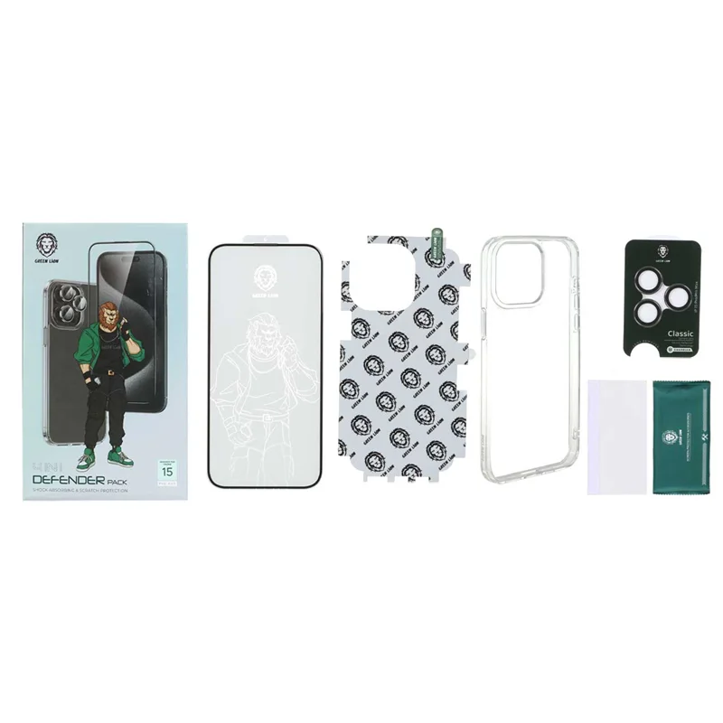 قاب اورجینال Green Lion 4IN1 با ست برچسب پشت و محافظ لنز و صفحه نمایش Privcay مدل Apple iPhone 15 Pro Max - مشکی (پک دار)