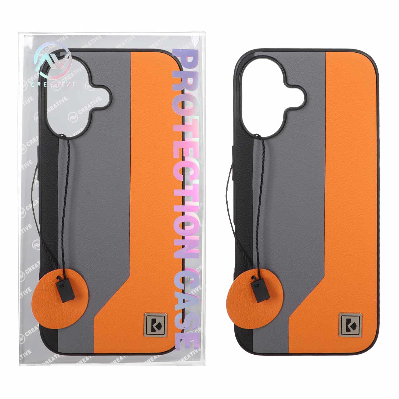 قاب Protection Case طرح چرم لوگو فلزی Apple iPhone 16 - خاکستری نارنجی (پک دار)