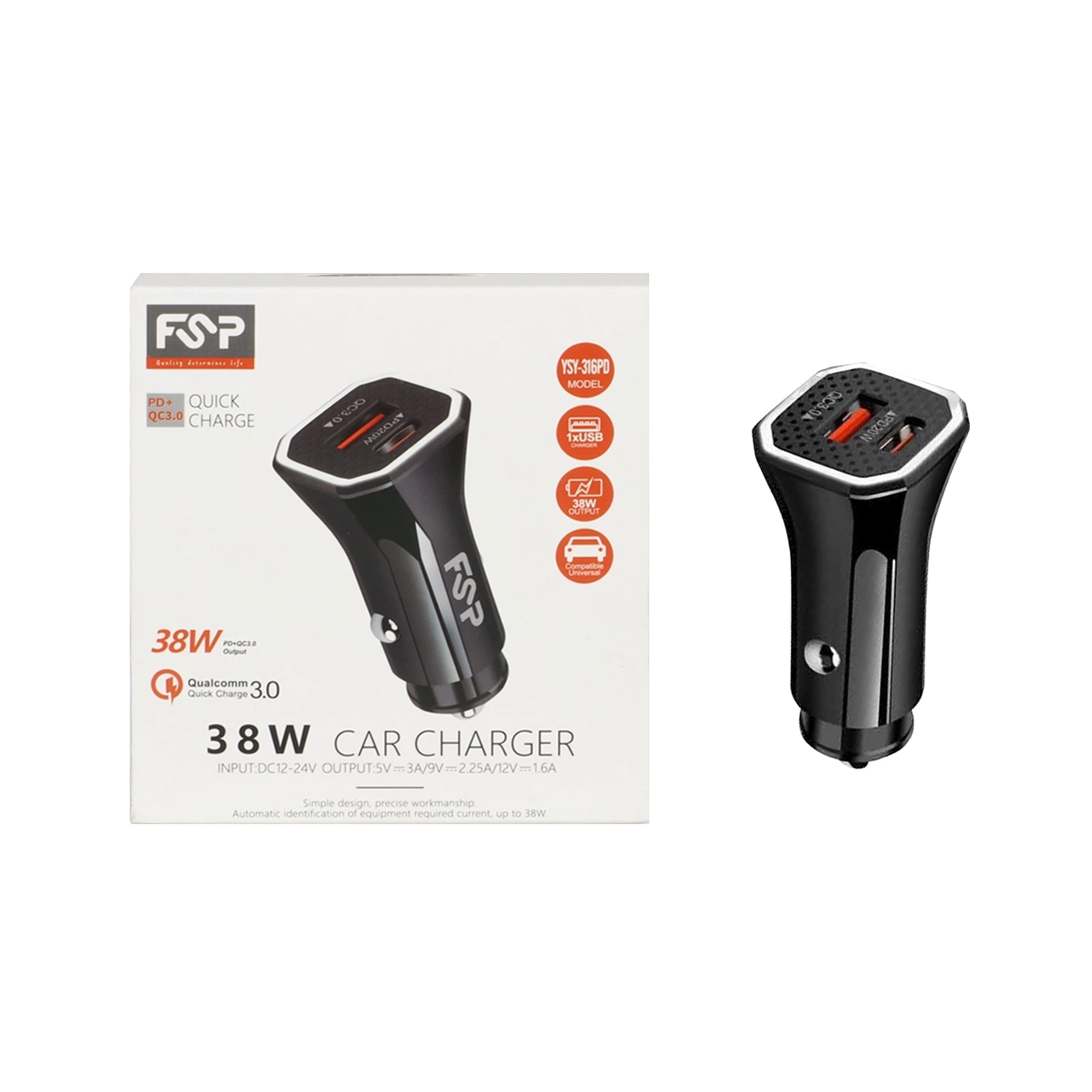 شارژر فندکی فست و PD دو پورت FSP مدل YSY-316PD 38W - مشکی BSA