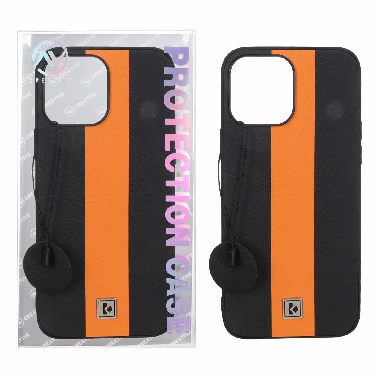 قاب Protection Case طرح چرم لوگو فلزی Apple iPhone 13 Pro Max - مشکی نارنجی (پک دار)