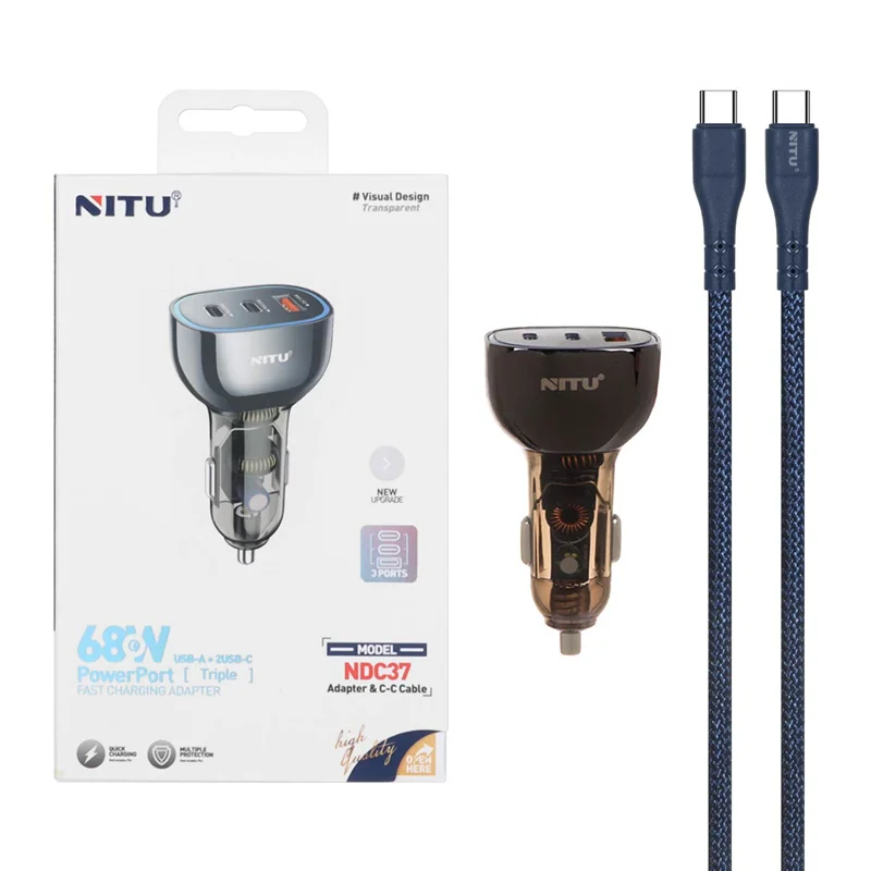 شارژر فندکی فست و PD سه پورت Nitu مدل NDC37 68W به همراه کابل شارژ Type-C To Type-C - مشکی