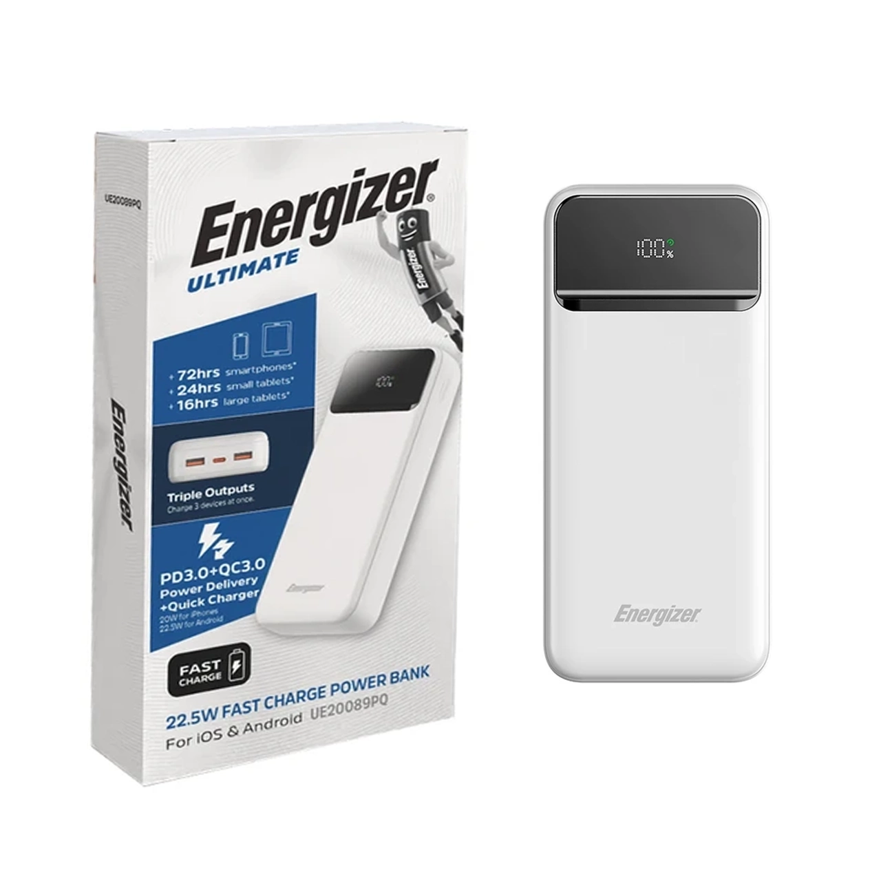 پاوربانک PD و فست شارژ Energizer 20000mAh مدل UE20089PQ 22.5W - سفید (گارانتی متین)