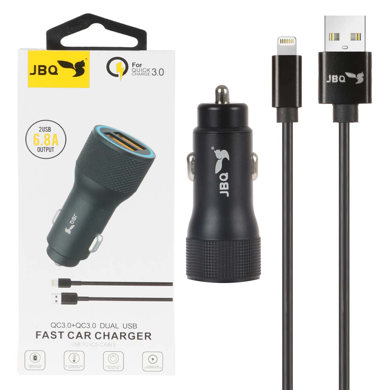 شارژر فندکی فست دو پورت JBQ مدل CC-D5 18W همراه با کابل آیفون - مشکی (گارانتی یکساله رصاصی)