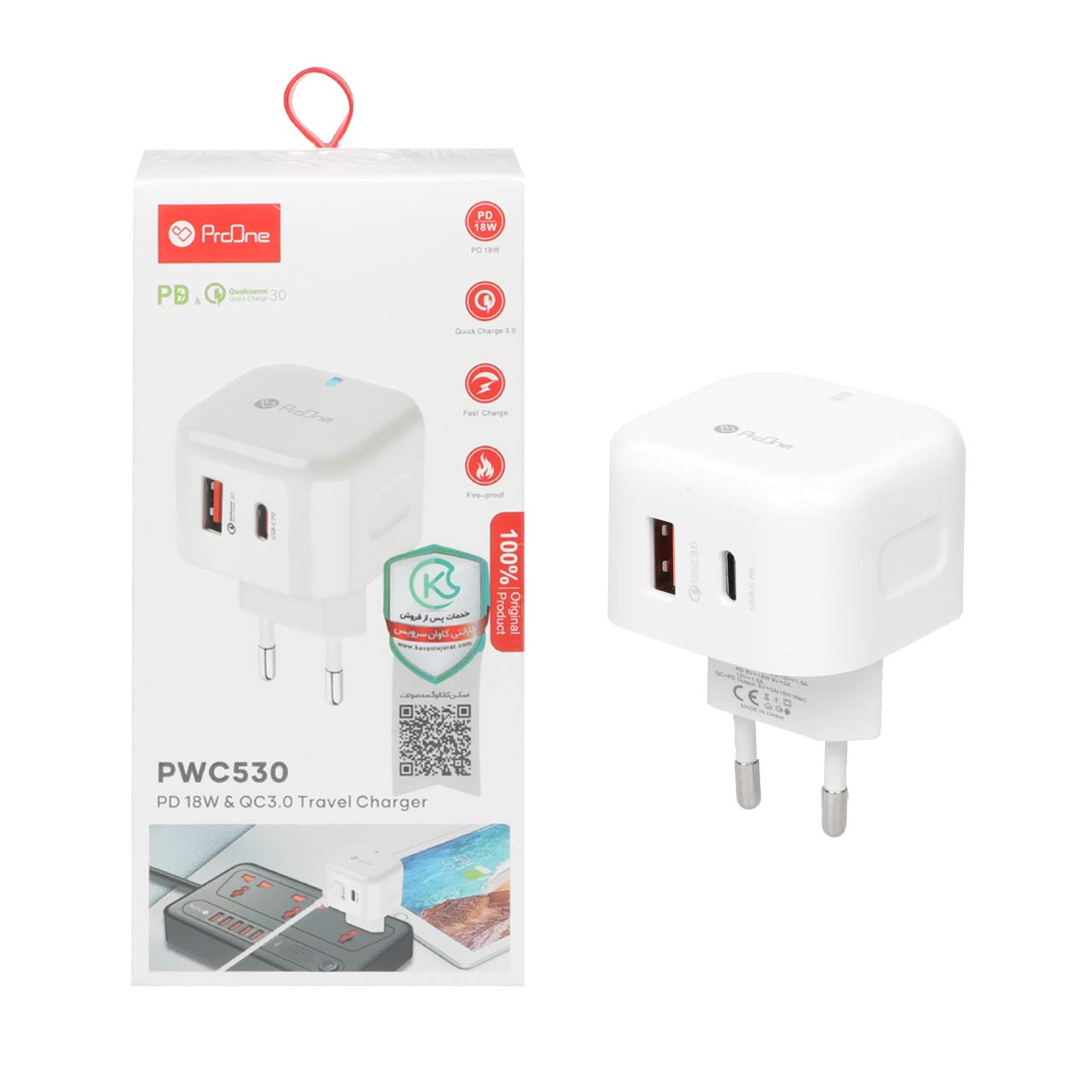 شارژر دیواری 18 وات  فست و PD دو پورت ProOne مدل PWC530 - سفید