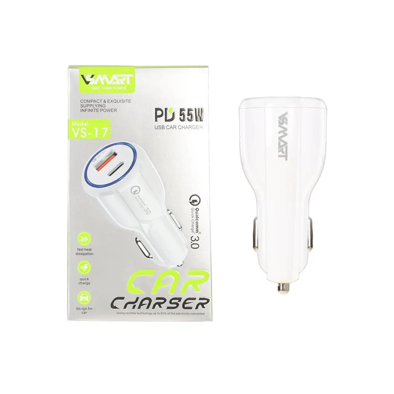 شارژر فندکی PD و فست دو پورت V-Smart مدل VS-17 55W - سفید - BSA