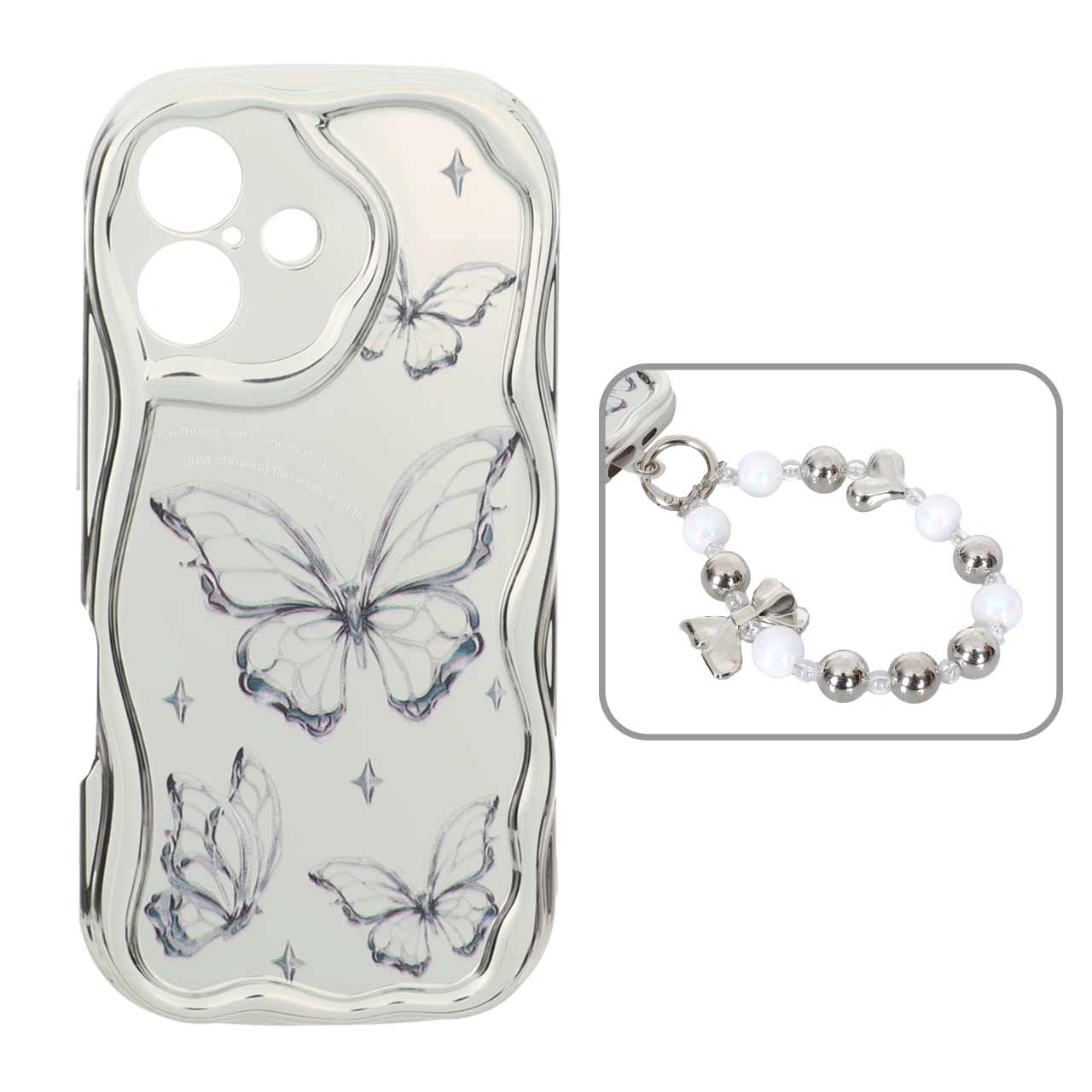 قاب کنگره ای آینه ای طرح دار با آویز مچی مرواریدی Apple iPhone 16 - کد 16