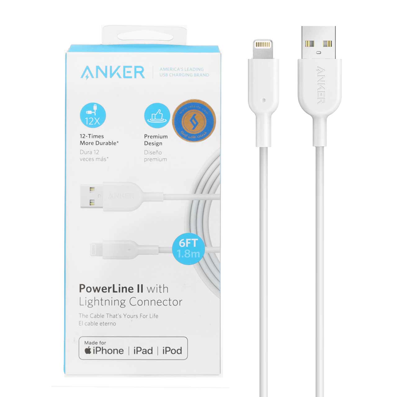 کابل شارژ 1.8 متری آیفون ANKER مدل PowerLine II A8433 - سفید (گارانتی 18ماهه حافظه طلایی ایستا)