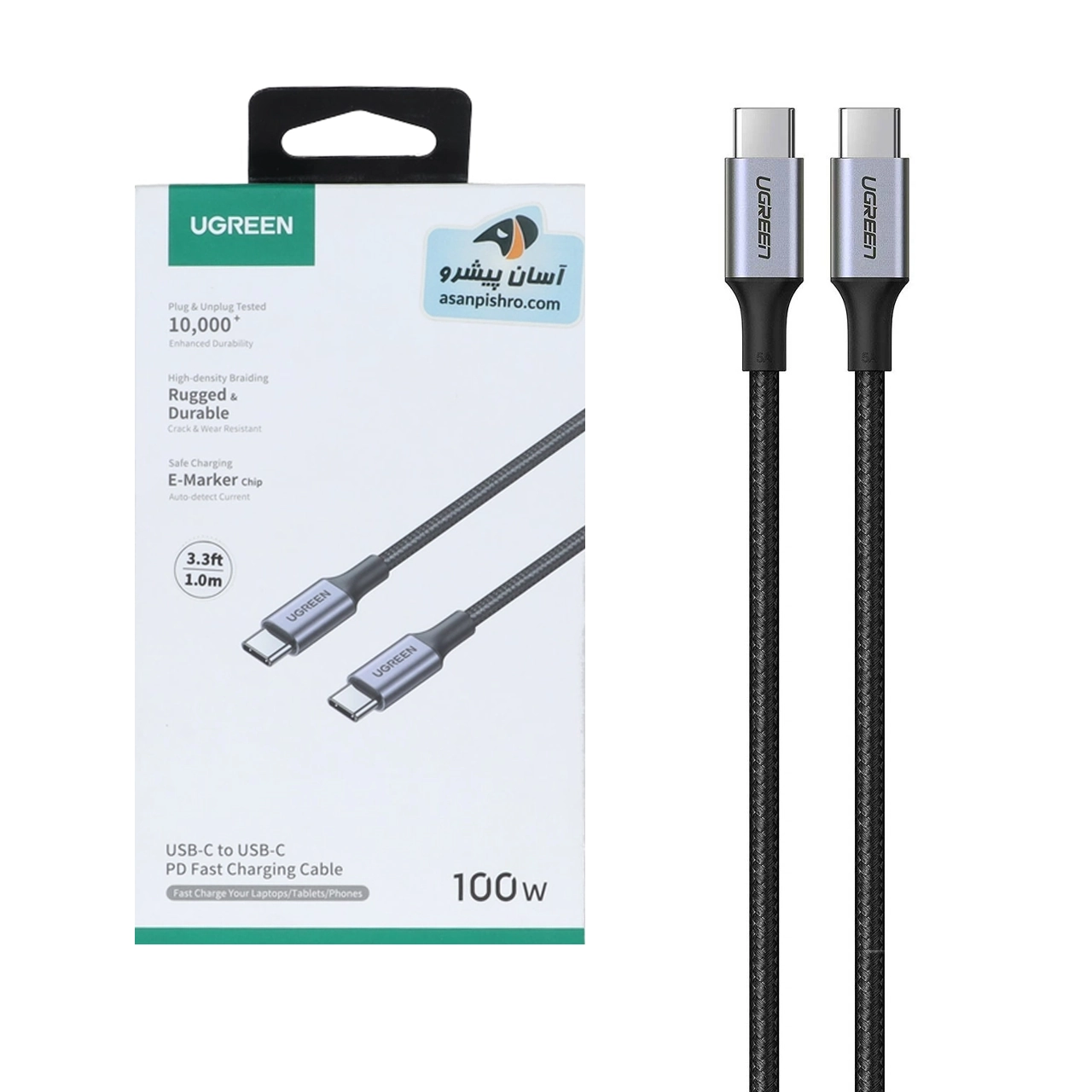 کابل شارژ PD و فست UGREEN Type-C To Type-C مدل 70427 100W - مشکی (گارانتی 18 ماهه آسان پیشرو)(70427)