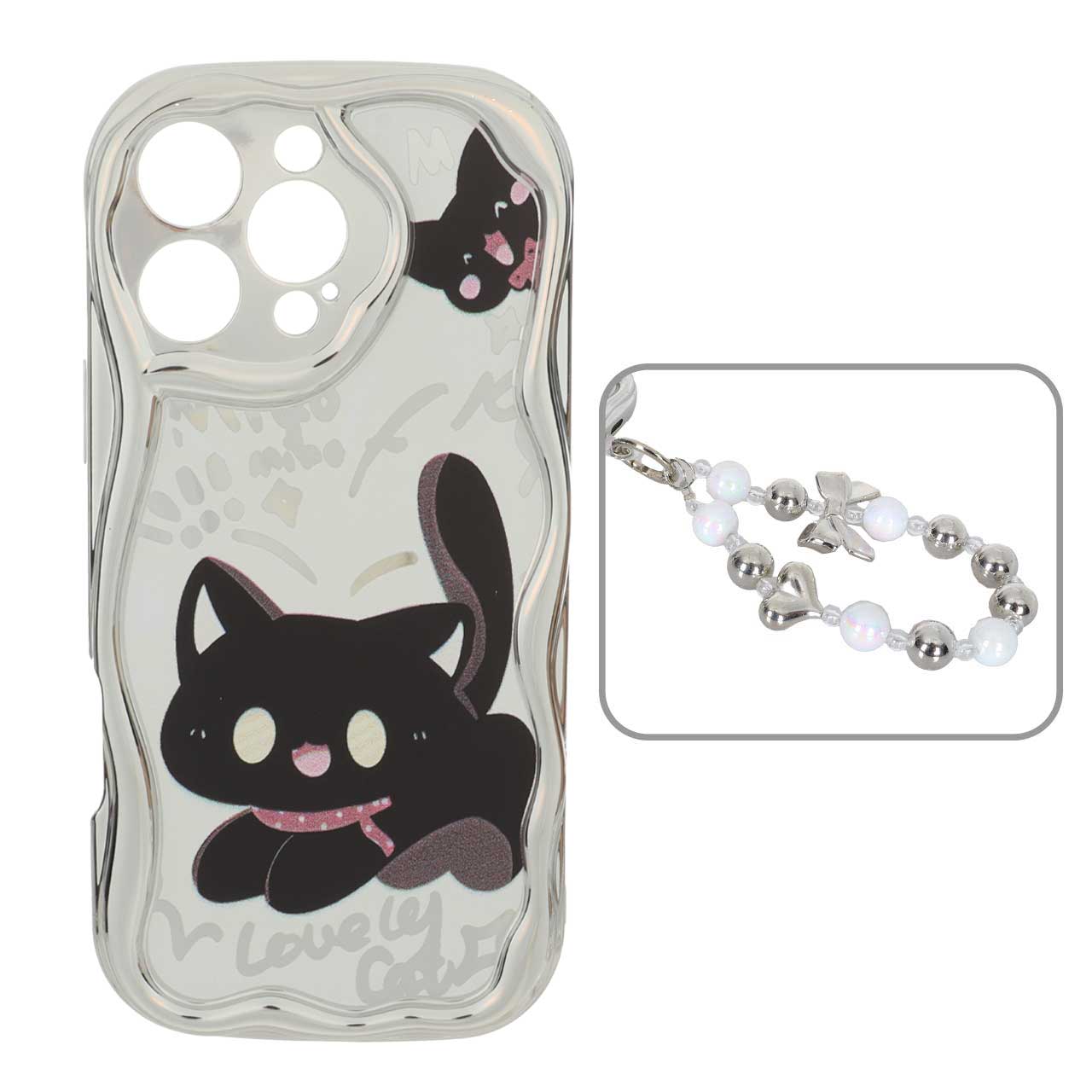 قاب کنگره ای آینه ای طرح دار با آویز مچی مرواریدی Apple iPhone 16 Pro Max - کد 134