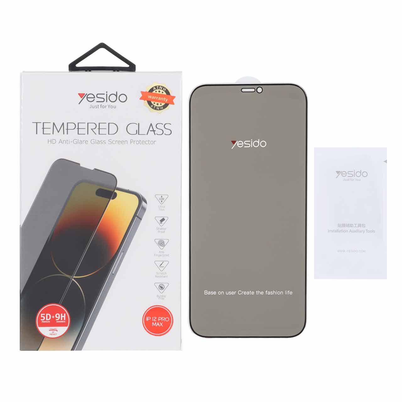 محافظ صفحه نمایش شیشه ای اورجینال Privacy Glass Yesido مدل Apple iPhone 12 Pro Max (پک دار)
