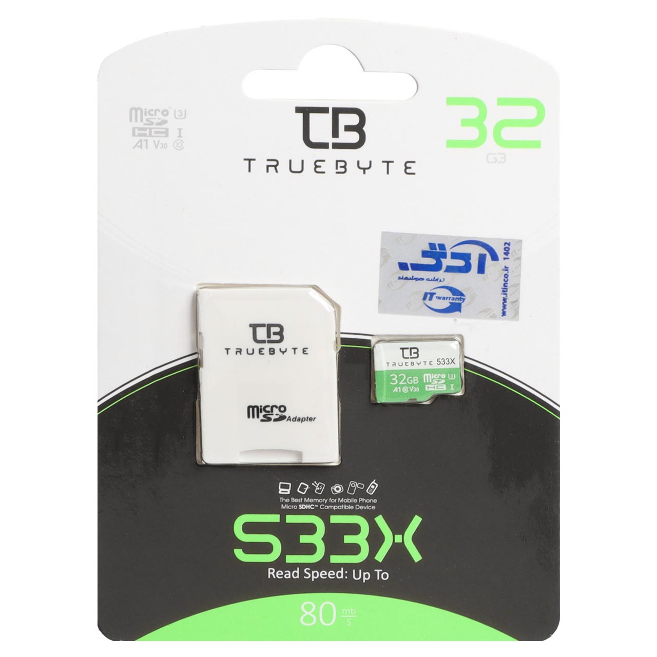Truebyte microSDHC & adapter UHS-I U3-(80MB/S-533X) - 32GB (گارانتی مادام العمر شرکت آی تین)