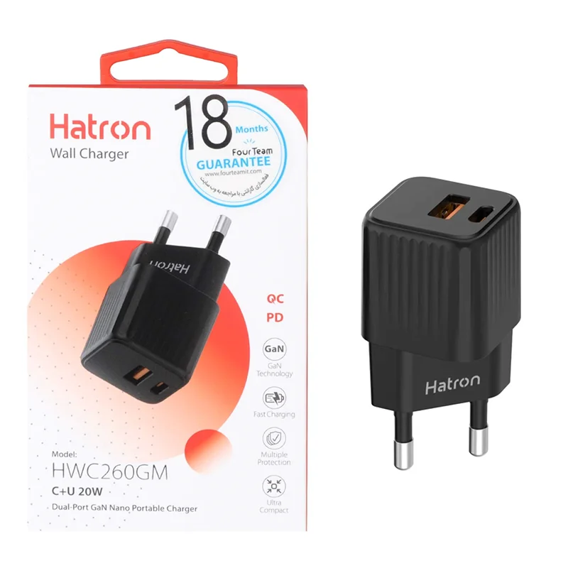 شارژر دیواری فست و PD دو پورت Hatron مدل HWC260GM 20W - مشکی