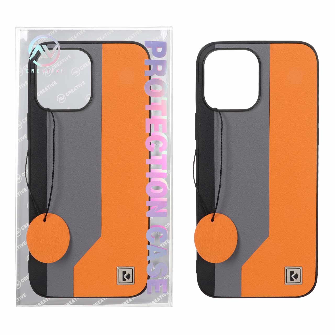 قاب Protection Case طرح چرم لوگو فلزی Apple iPhone 13 Pro Max - خاکستری نارنجی (پک دار)